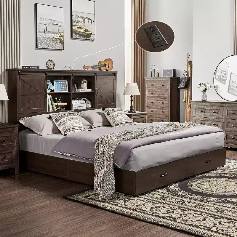 AMERLIFE Wooden Platform Bed with Bookcase Headboard, 2 Drawers, Charging Station