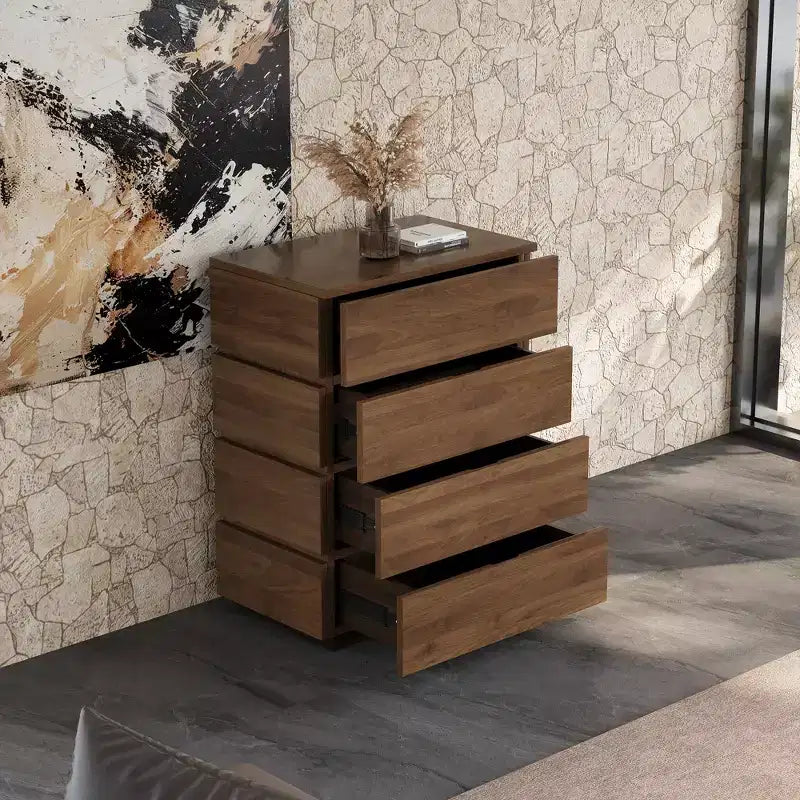 Luck Live Farmhouse 4-drawer storage corner cabinet in walnut color.