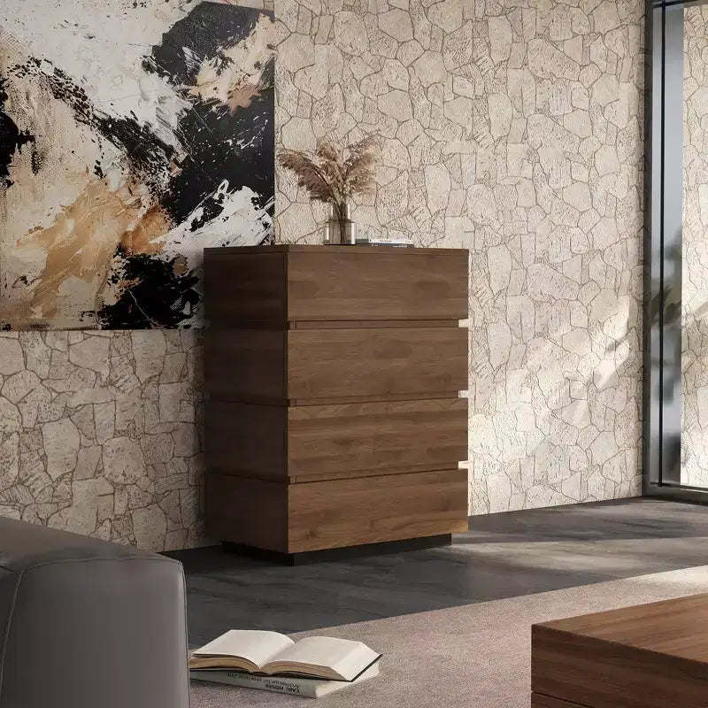Luck Live Farmhouse 4-drawer storage corner cabinet in walnut color.